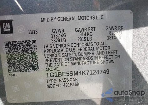 2019 Chevrolet Cruze Lt z USA, uszkodzony, nr VIN 1G1BE5SM4K7124749